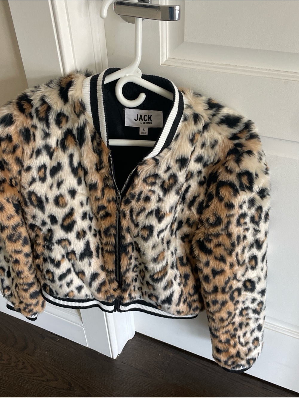 BB Dakota Leopard Faux Fur Bomber Jacket in Tan, Black, White